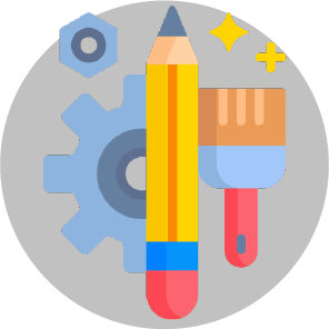 Un icono de un lápiz, un pincel y un engranaje sobre un fondo circular gris