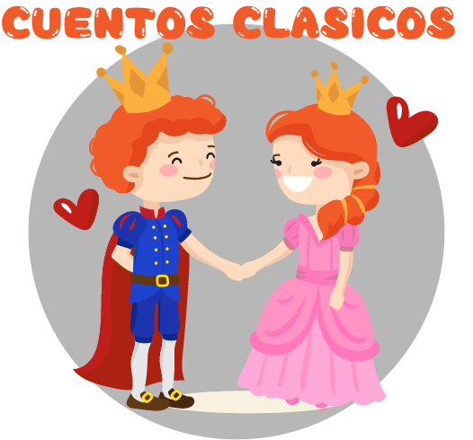 Ilustración de un príncipe y una princesa tomados de la mano con la frase “Cuentos Clásicos” en la parte superior, cuentos gratis