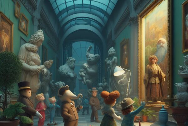 Una imagen de un museo de arte con estatuas y cuadros, y personajes de dibujos animados paseando por el mismo