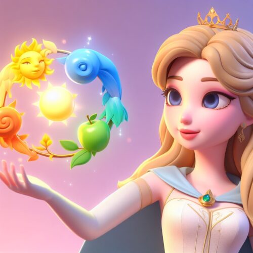 Ilustración de una princesa con una corona y un collar de esmeraldas, rodeada de elementos mágicos
