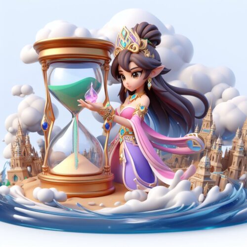 • Una ilustración de una mujer con una corona y joyas sosteniendo un gran reloj de arena