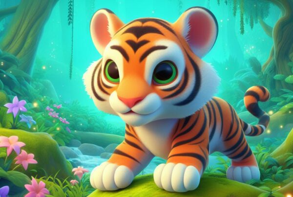 alternativo: Un pequeño tigre feliz en un bosque colorido