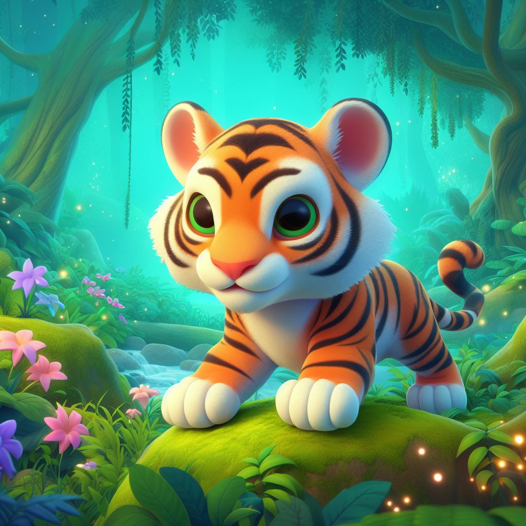 alternativo: Un pequeño tigre feliz en un bosque colorido