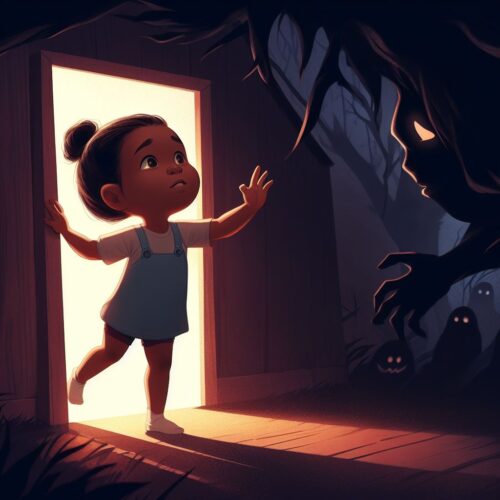Una ilustración de una niña asustada en una puerta con una criatura monstruosa