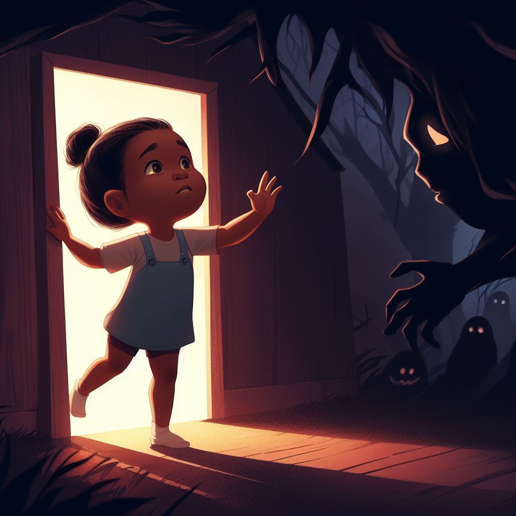 superar el miedo a la oscuridad, Una ilustración de una niña asustada en una puerta con una criatura monstruosa