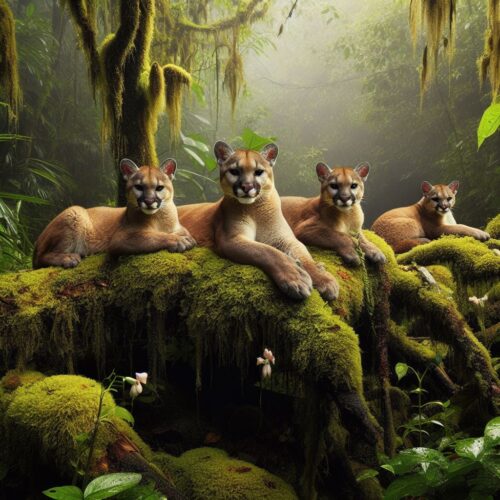 Cuatro pumas descansando en una rama cubierta de musgo en la selva