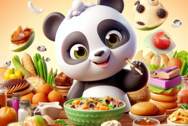 Un panda disfrutando de una comida en una mesa llena de comida