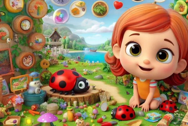 Una imagen de un mundo de fantasía con una niña y un escarabajo