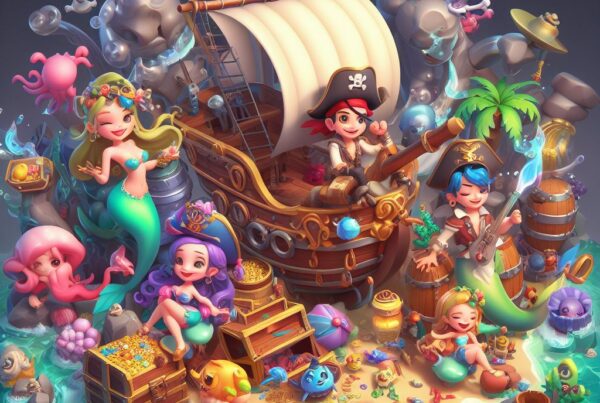 Ilustración de un barco pirata con personajes de dibujos animados y tesoros