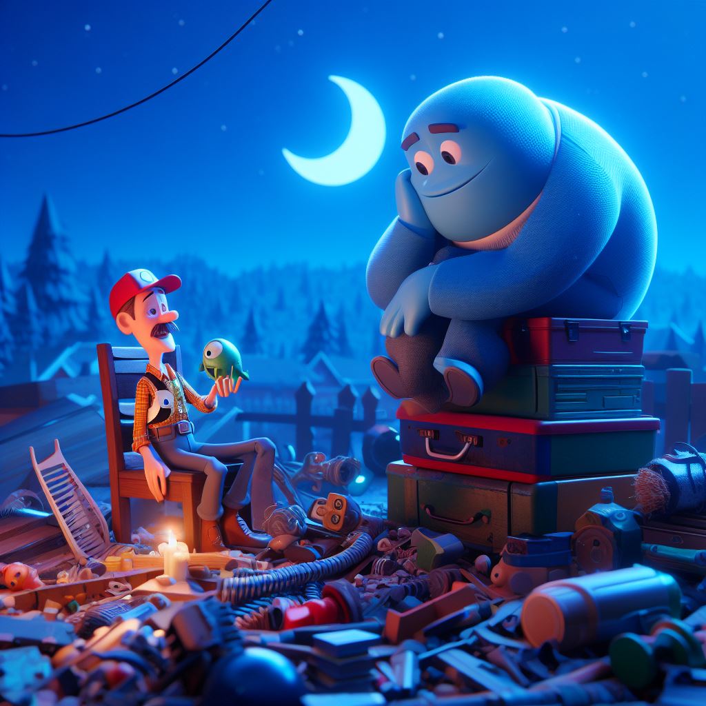 Una ilustración 3D de un hombre leyendo un libro a un caracol gigante en un bosque iluminado por la luna