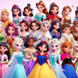 Una ilustración de tres princesas de diferentes culturas y rasgos, vestidas con trajes típicos y joyas.