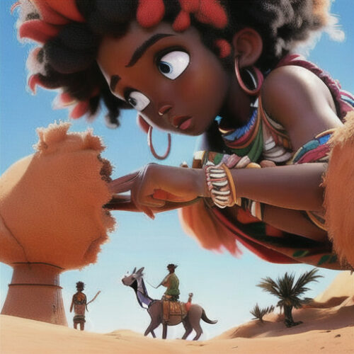 Una imagen de una mujer con un jarrón de barro en una escena de desierto