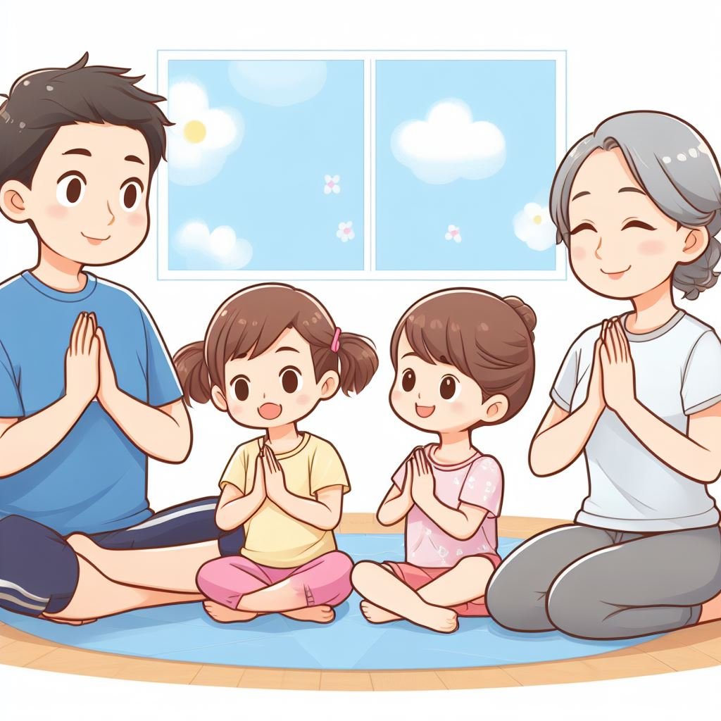 superar el miedo a la oscuridad, Ilustración de una familia haciendo yoga juntos en una habitación con ventanas