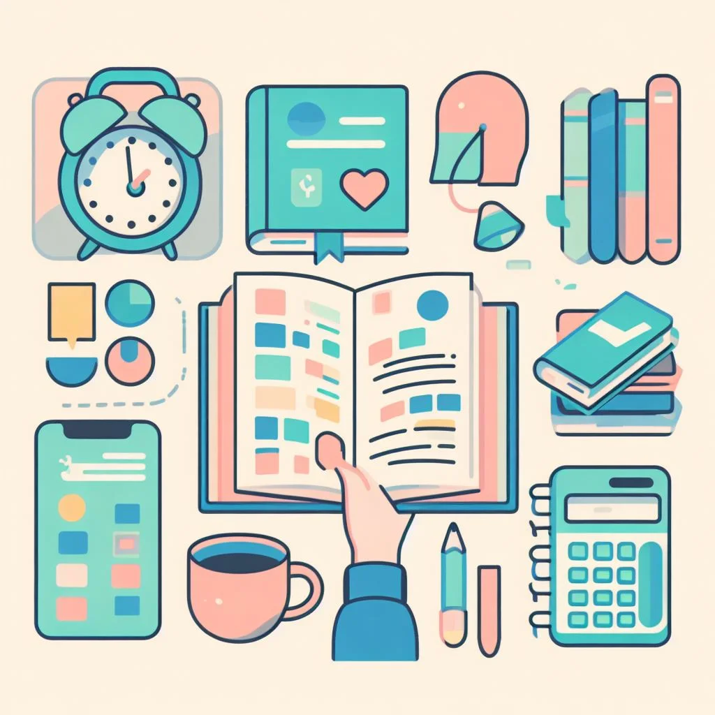 blog infantil, Ilustración de un libro abierto, una calculadora, un despertador y otros materiales y herramientas de estudio