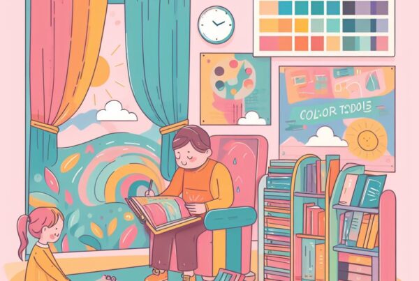 Ilustración de una mujer leyendo en una habitación colorida con un niño jugando en el suelo