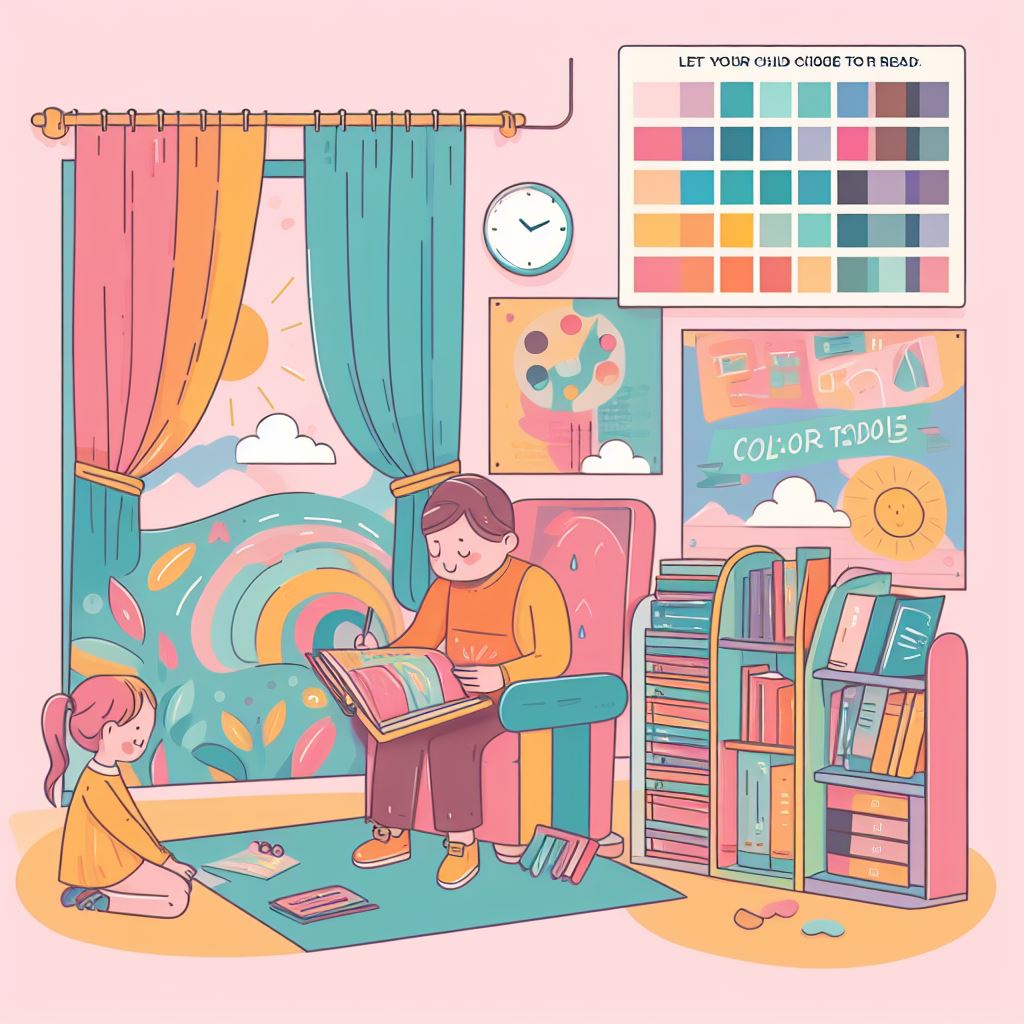 Ilustración de una mujer leyendo en una habitación colorida con un niño jugando en el suelo