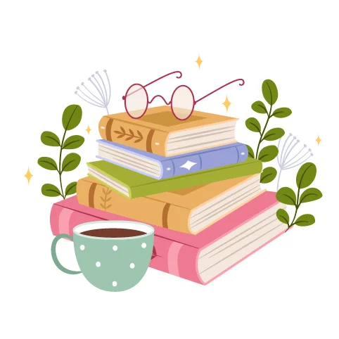 cuentos gratis, Una ilustración de una pila de libros con una taza de té y unas gafas encima