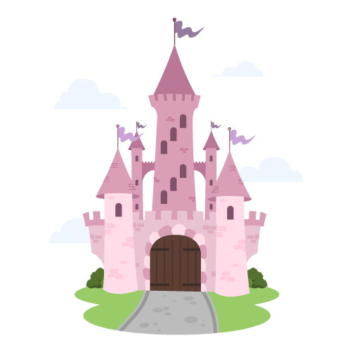 Una ilustración de un castillo de cuento de hadas en tonos rosas.