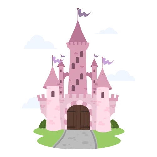 Una ilustración de un castillo de cuento de hadas en tonos rosas.