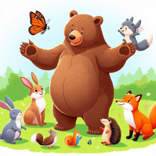 Una ilustración de un oso rodeado de varios animales del bosque