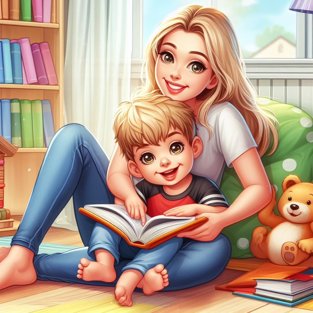 rincón de lectura, Una madre y su hijo sentados en el suelo leyendo un libro juntos
