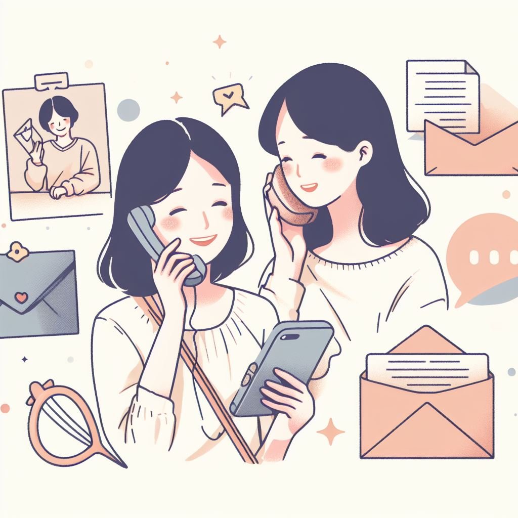 Una ilustración de dos personas comunicándose a través de la tecnología con varios dispositivos y mensajes a su alrededor.