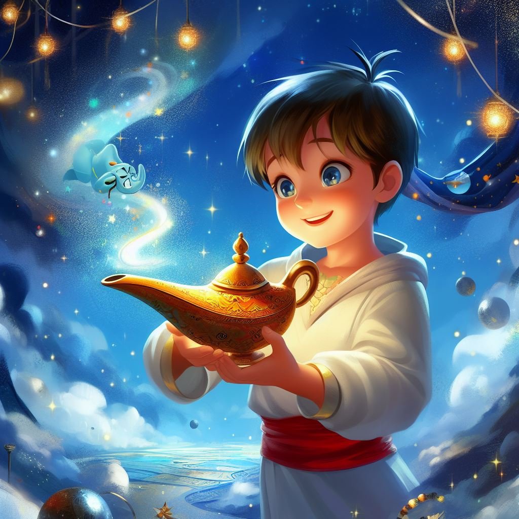 Un niño sosteniendo una lámpara mágica con un genio saliendo de ella en una noche estrellada