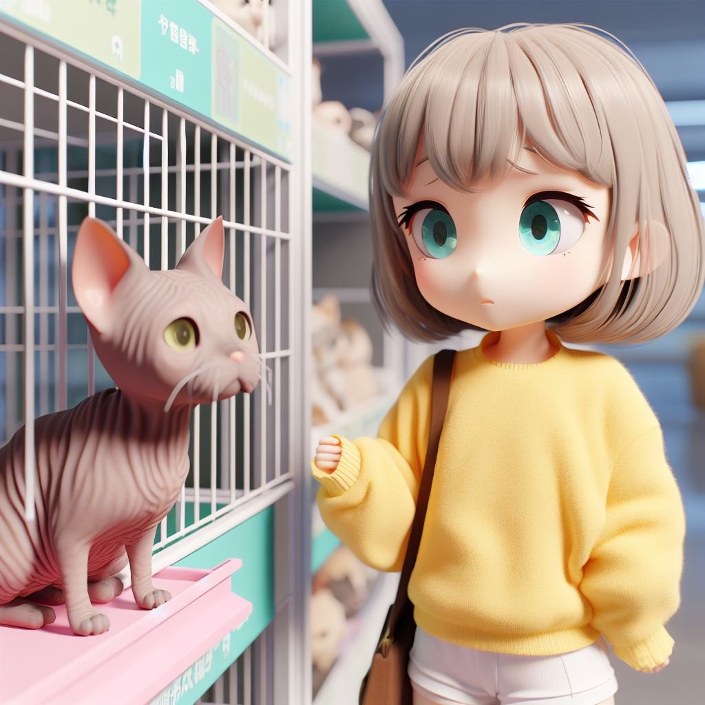Una niña con un gato sin pelo en una tienda de mascotas