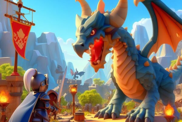 Ilustración de un caballero enfrentándose a un dragón en un entorno de fantasía