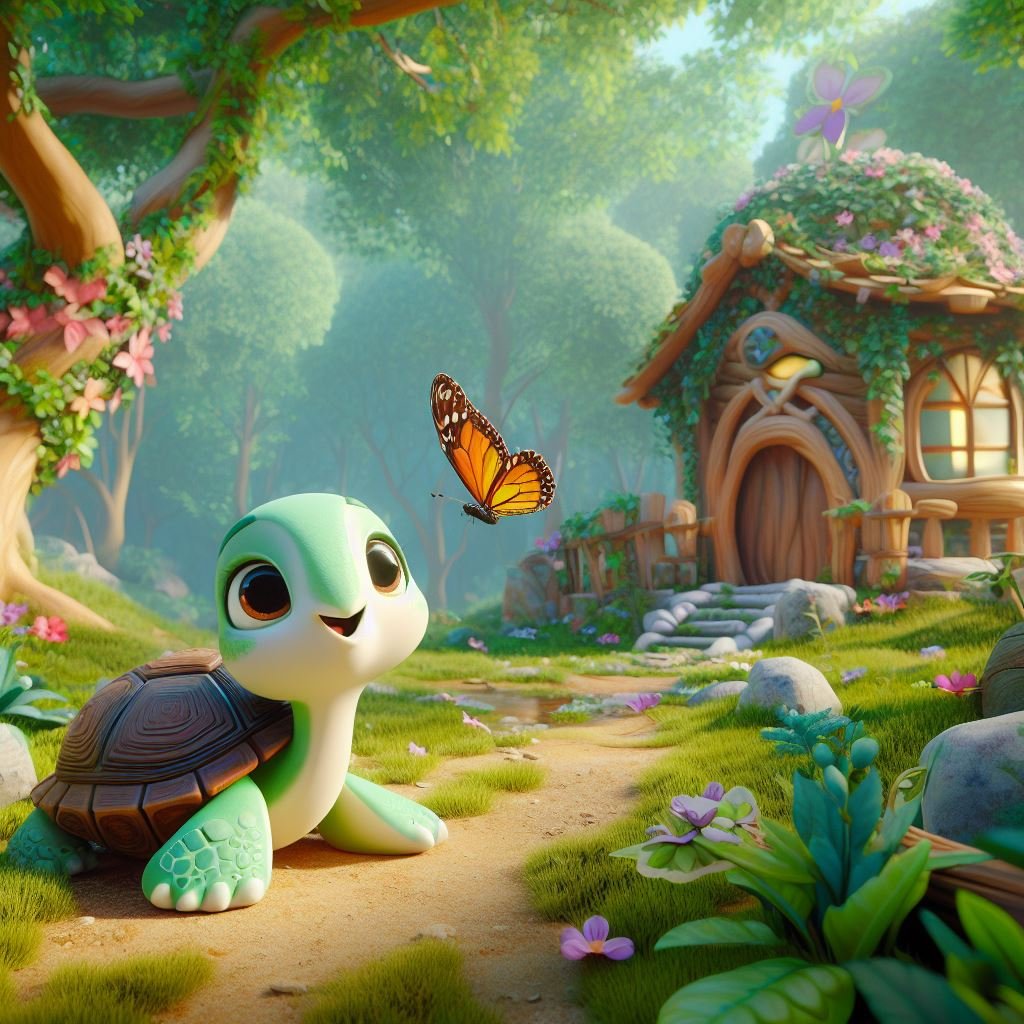 Una tortuga y una mariposa en un bosque con una cabaña