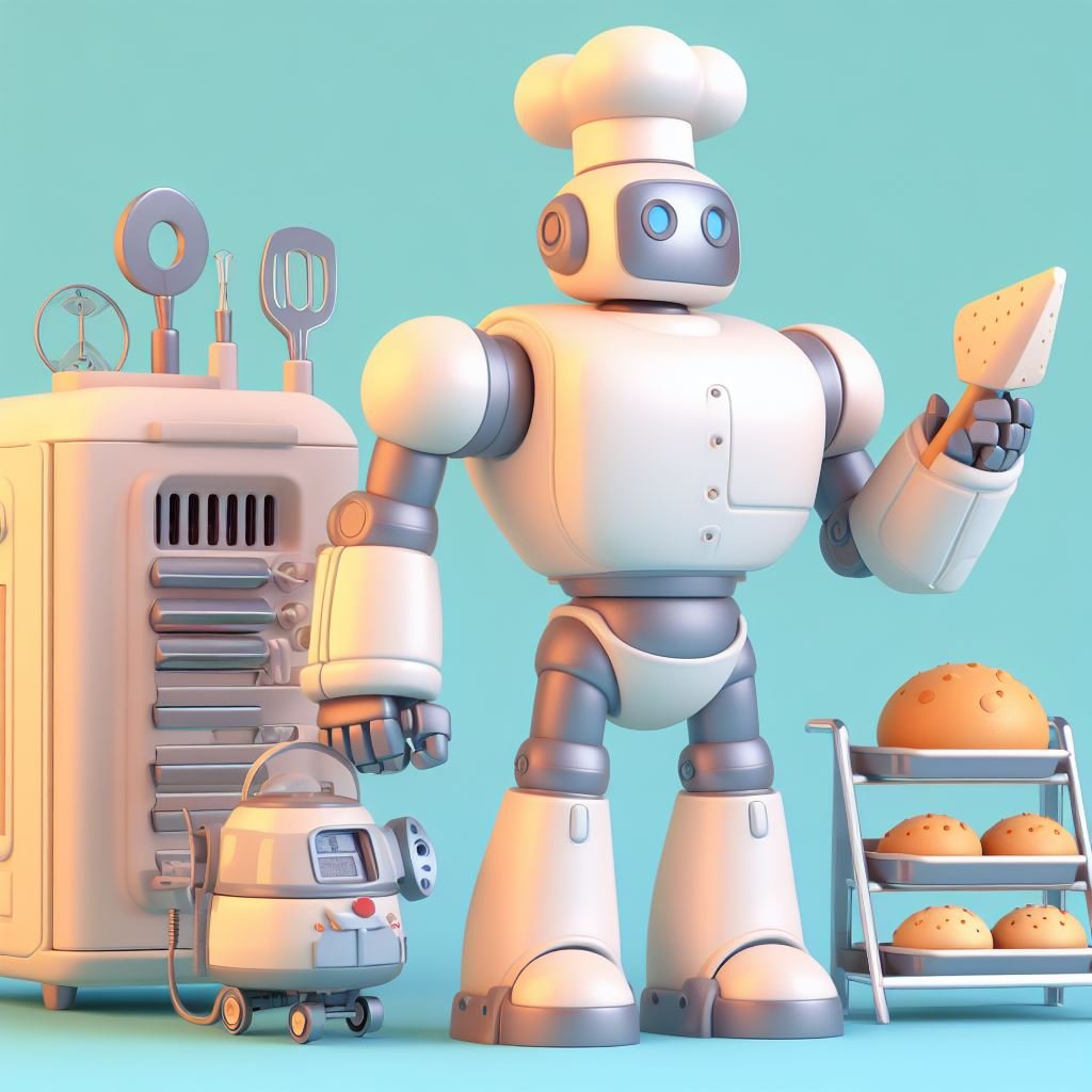 Un robot chef con una espátula en la mano y un horno en el fondo