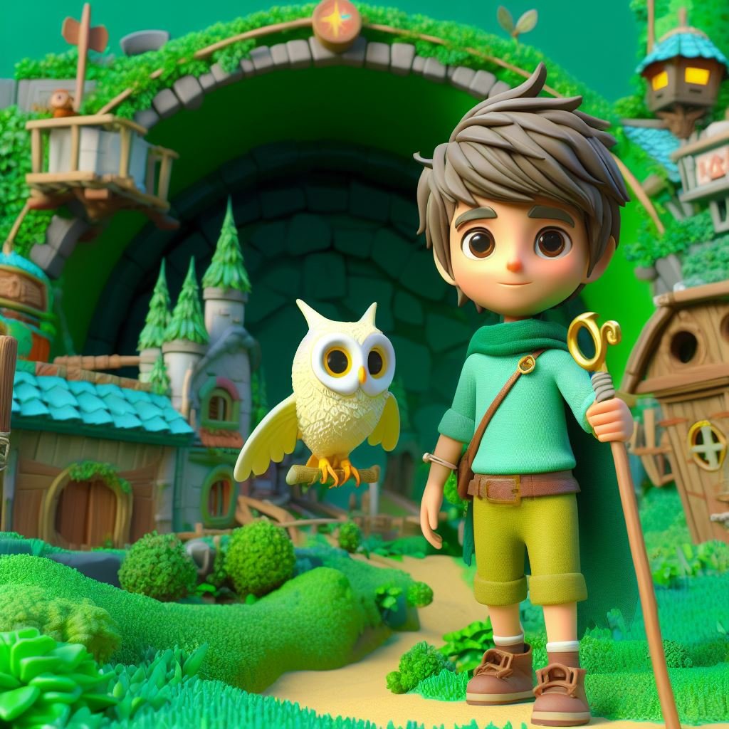 Un niño con un búho en un mundo de fantasía
