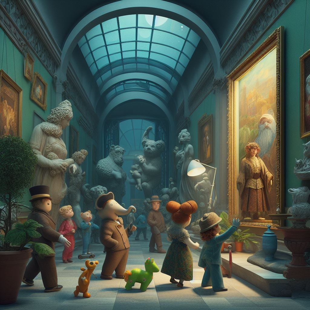 Una imagen de un museo de arte con estatuas y cuadros, y personajes de dibujos animados paseando por el mismo