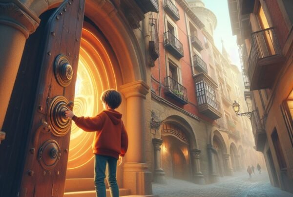 Un niño en una calle de una ciudad antigua mirando una puerta de madera con un diseño dorado
