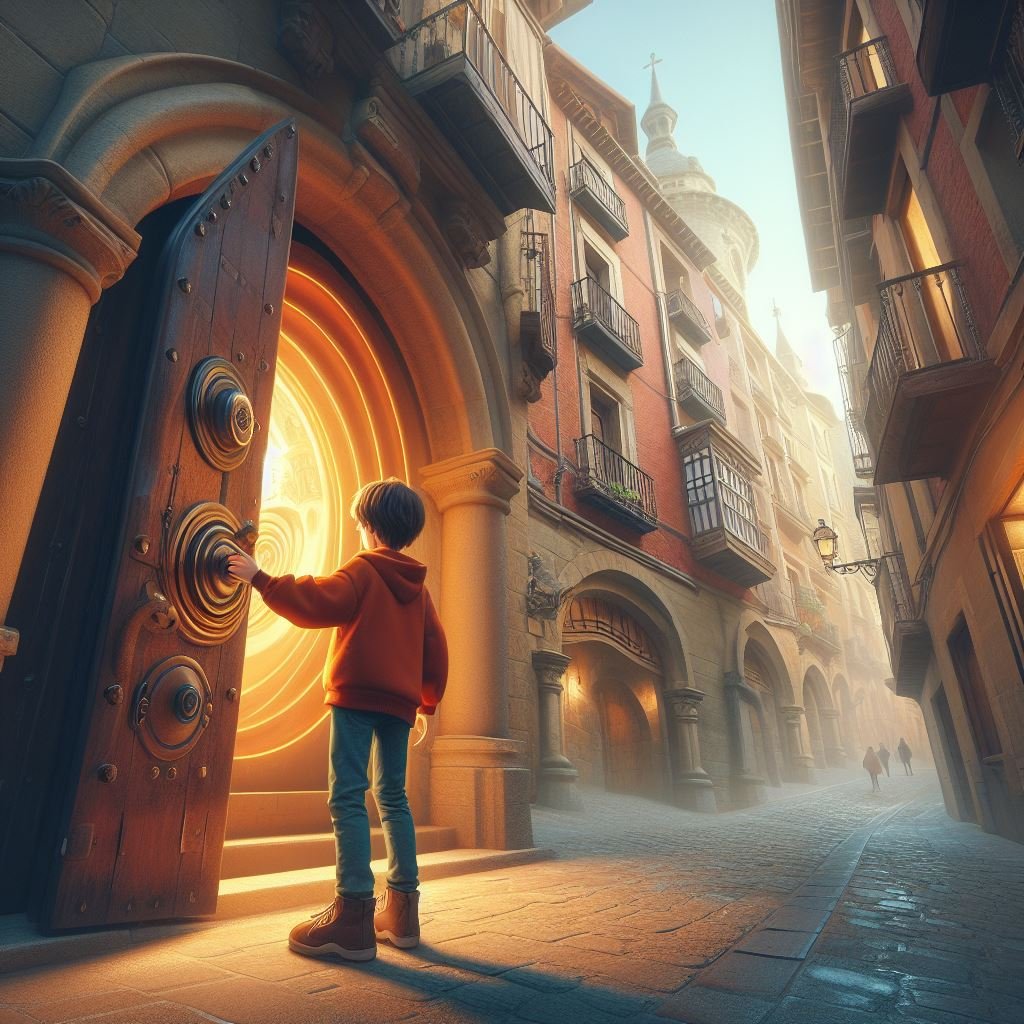 Un niño en una calle de una ciudad antigua mirando una puerta de madera con un diseño dorado