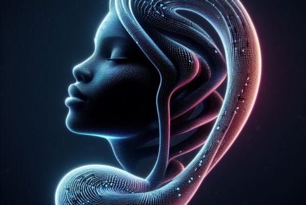 Una mujer con un peinado futurista en un fondo negro