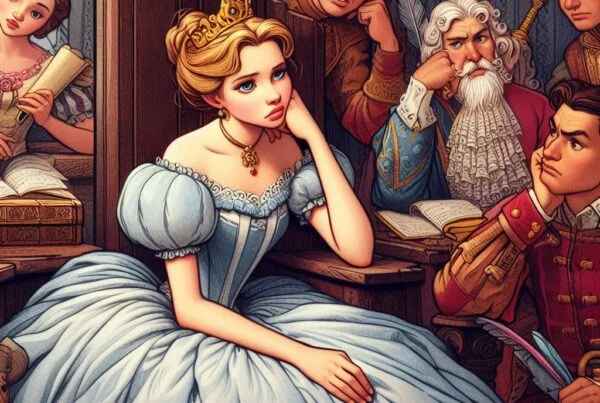 Una ilustración de una mujer sentada en un sofá en una habitación lujosa con tres hombres de pie detrás de ella
