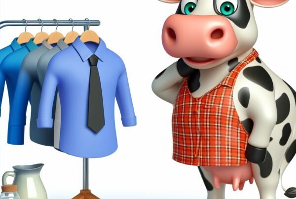 Una vaca vestida con una camisa a cuadros y una corbata negra junto a un perchero con camisas azules