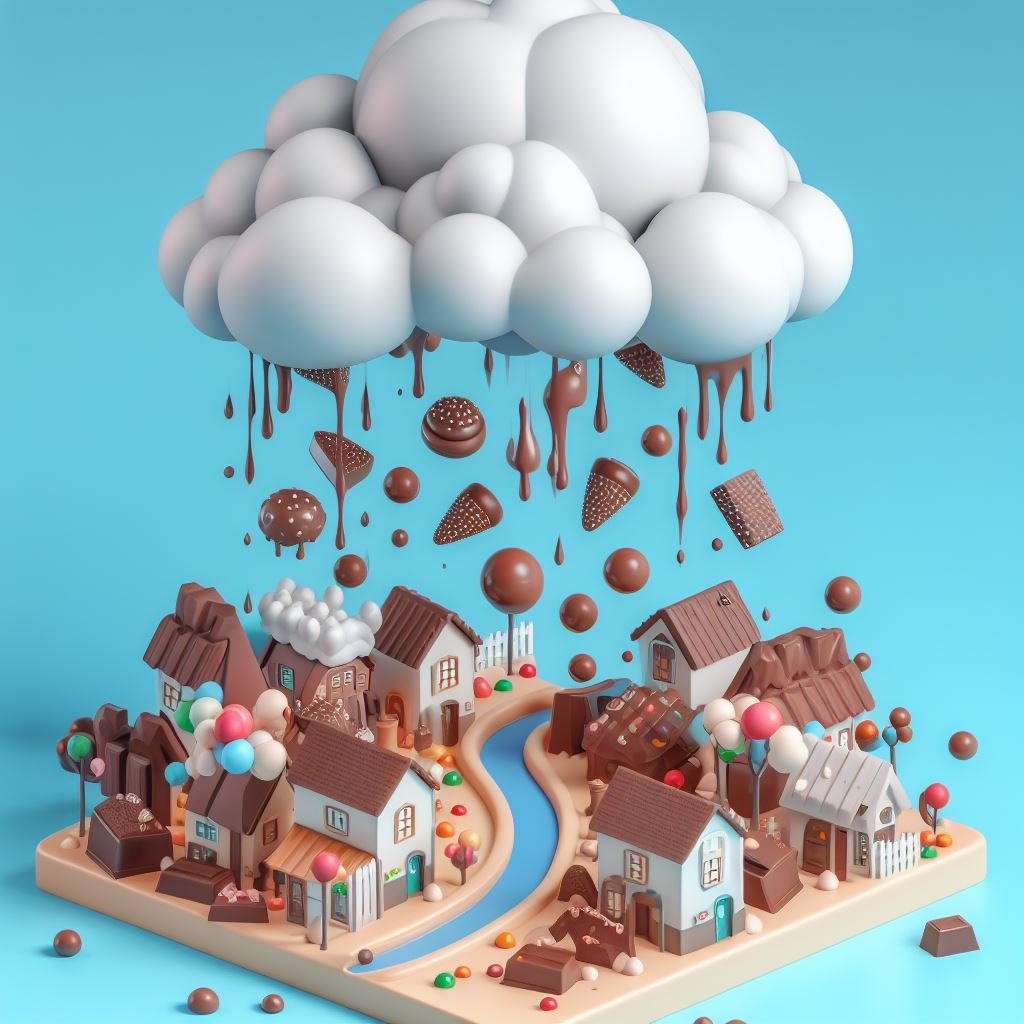 Una ilustración de una aldea de chocolate bajo una nube de algodón de azúcar