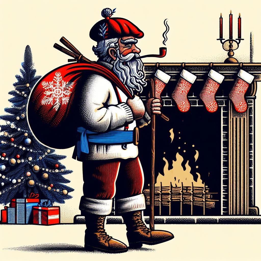 Una imagen de un blog de wordpress que muestra a Olentzero, un personaje de la mitología vasca, entrando por una chimenea con un saco de regalos.