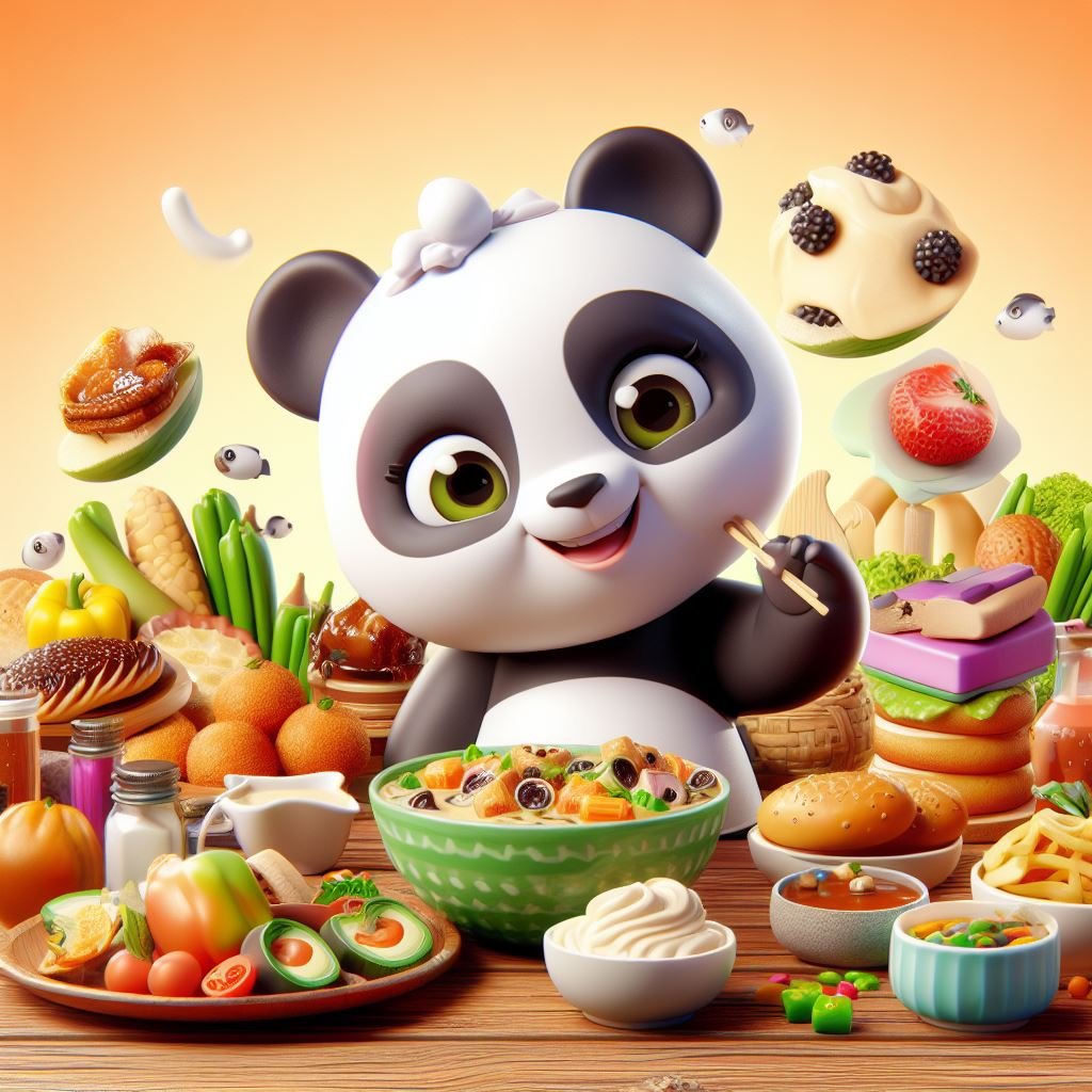 Un panda disfrutando de una comida en una mesa llena de comida