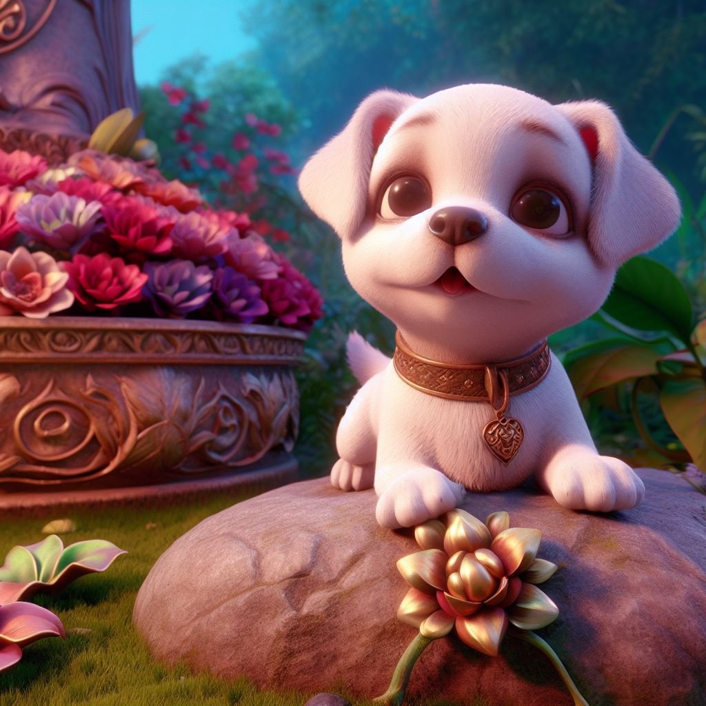 Una imagen de un jardín con una estatua de un perro y flores