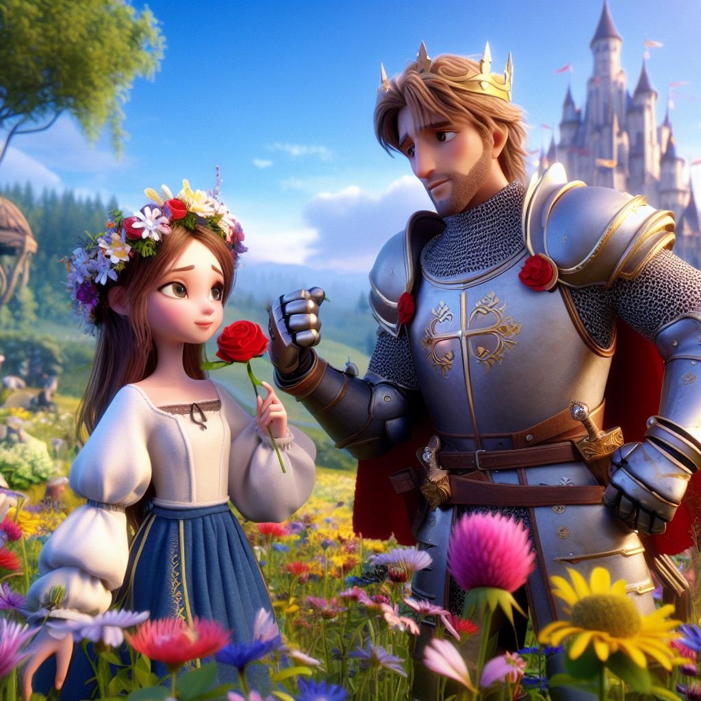 Ilustración de un caballero y una dama en un jardín de flores