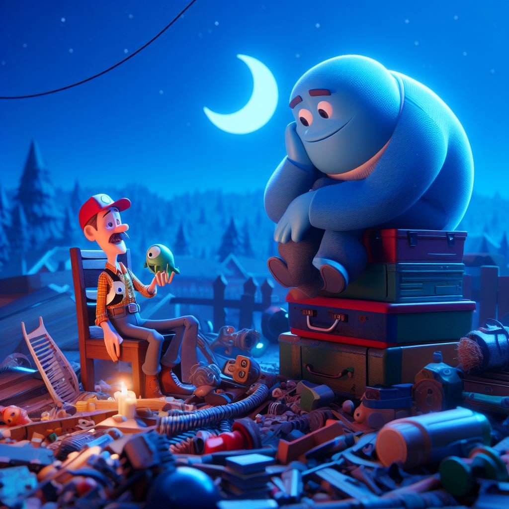 Una ilustración 3D de un hombre leyendo un libro a un caracol gigante en un bosque iluminado por la luna