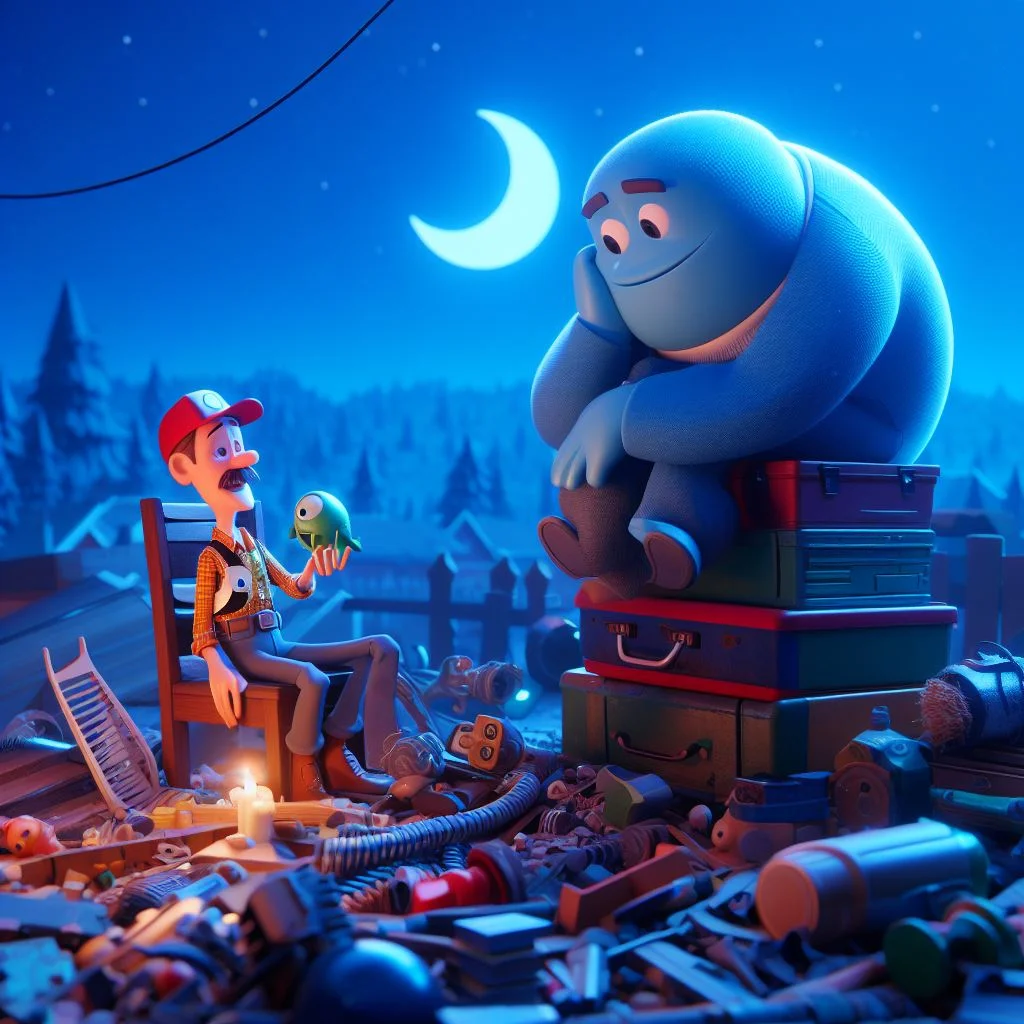 Una ilustración 3D de un hombre leyendo un libro a un caracol gigante en un bosque iluminado por la luna