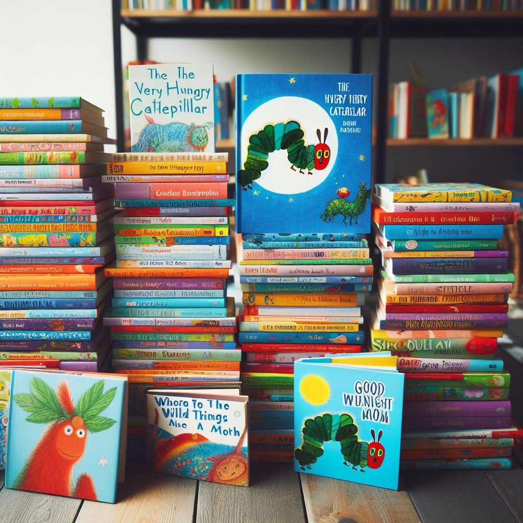 Una colección de libros infantiles de colores en una estantería de madera