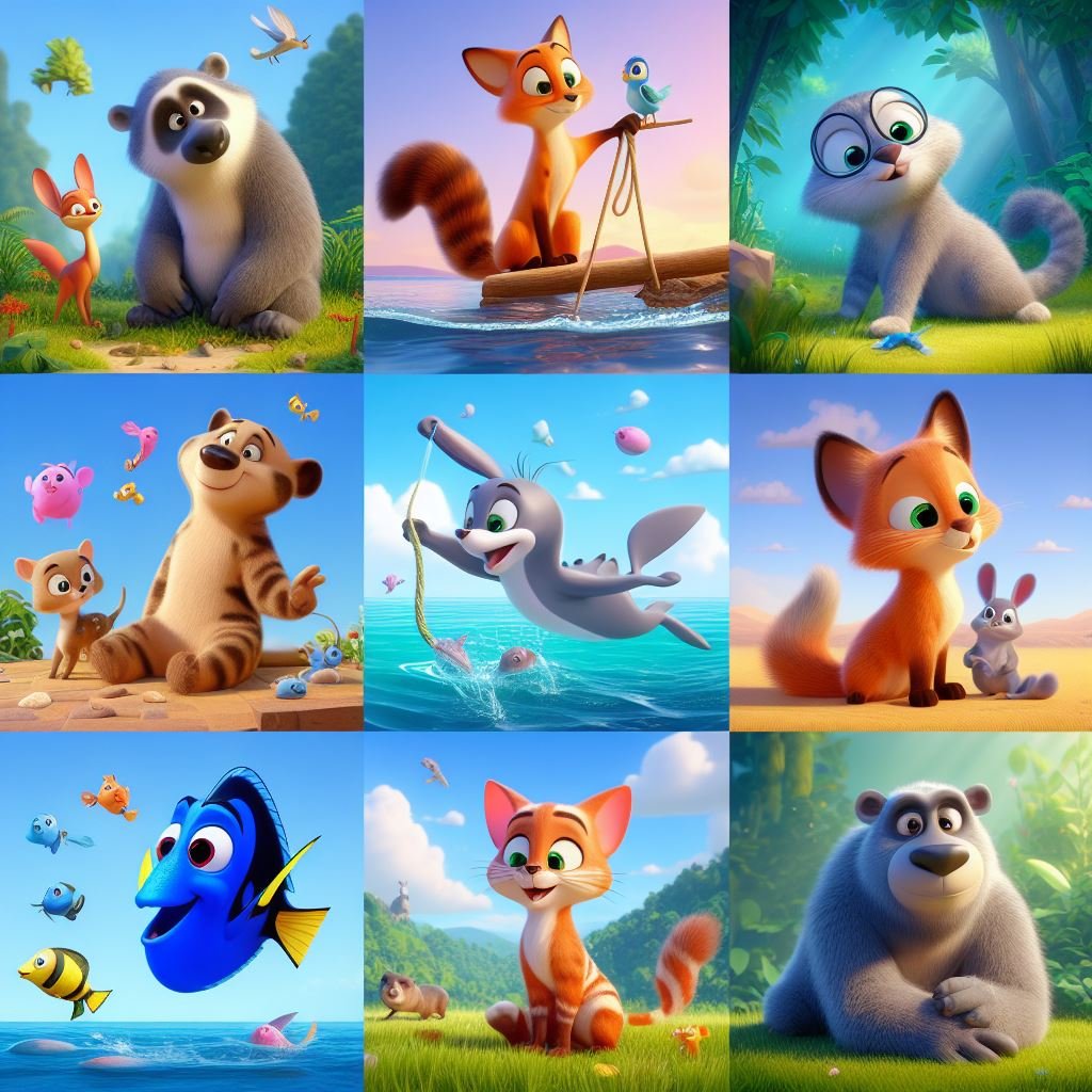 Una colección de imágenes de animales animados que incluye un mapache, un zorro, un oso, un tiburón, un pez y un conejo