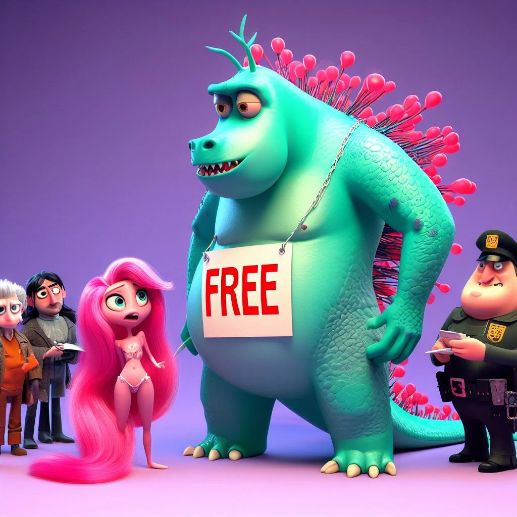 Ilustración de un monstruo verde con una señal de ‘gratis’ y una chica rosa con cabello largo