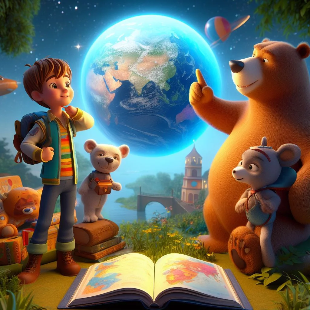 cuentos gratis del mundo, Un niño y un oso exploran un mundo de cuentos con un globo terráqueo