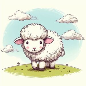 Una ilustración de una oveja blanca y esponjosa con un lazo rosa en la cabeza, que mira a la cámara con una expresión de ternura.